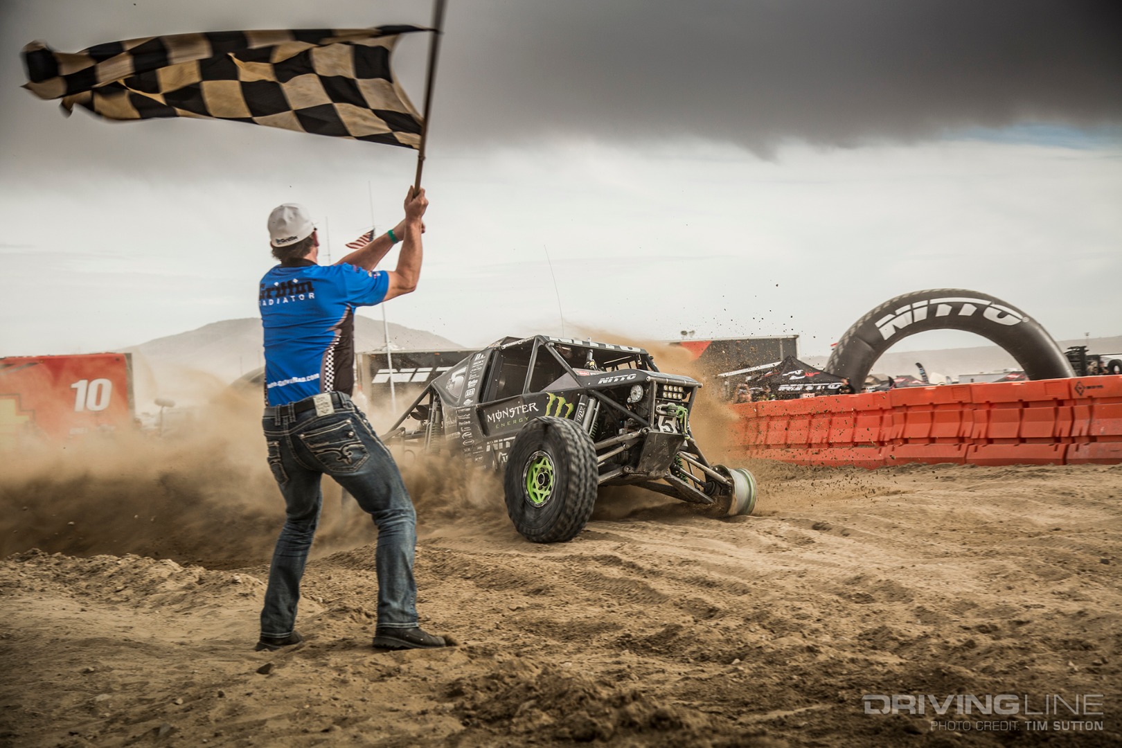 Shannon Campbell crossing the King of the Hammers finish line without a tire
