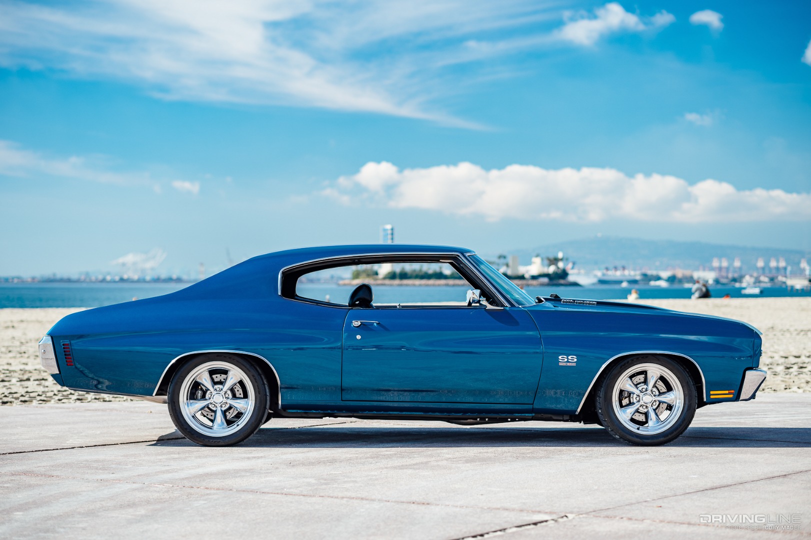 Full side profile shot of a 1970 Chevy Chevelle SS with Nitto NT555G2 and NT555R tires on the beach in California