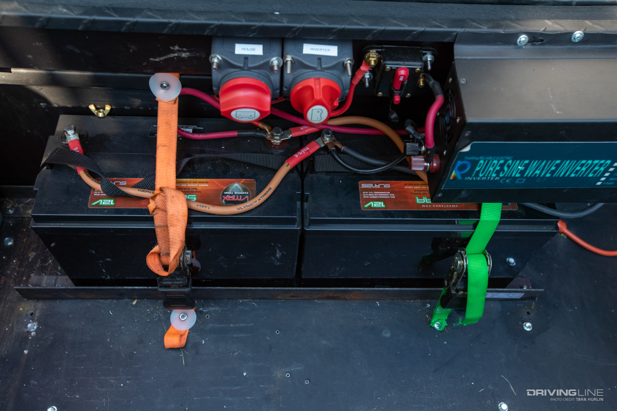 Dual batteries for solar power storage.