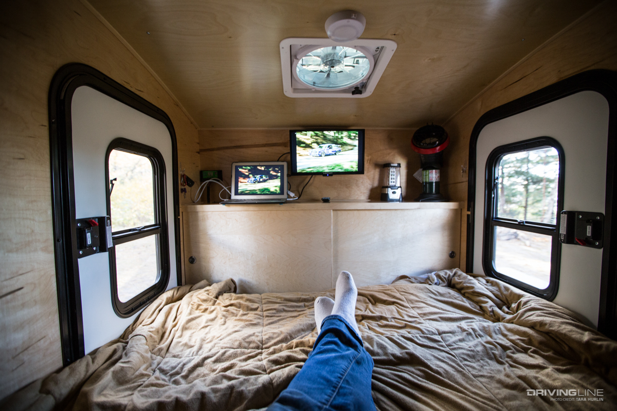 Inside off-road camping trailer powered by solar energy