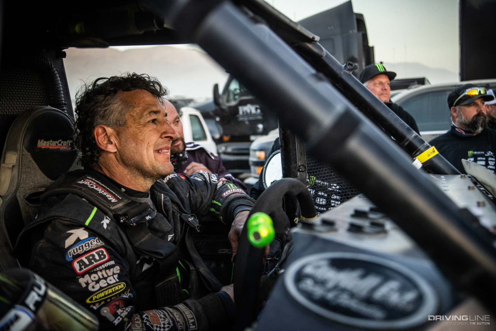 Shannon Campbell in his rig with his helmet off
