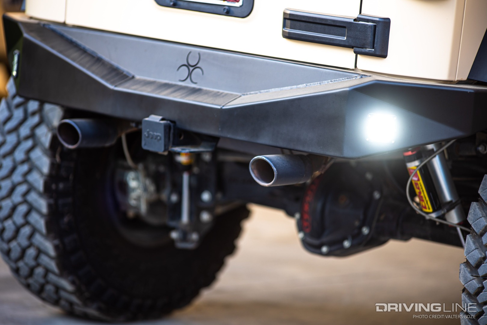 The NEMESIS rear bumper has embedded LED lighting to view any potential obstacles around this Jeep Wrangler
