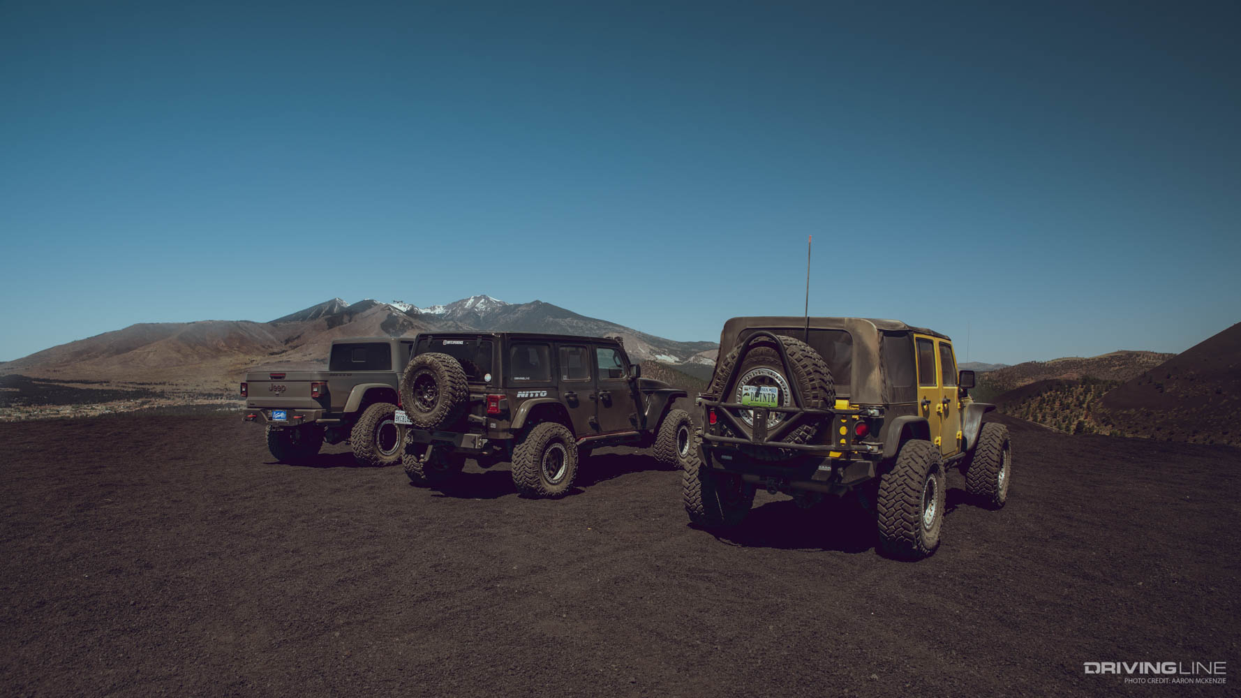 Jeep Gladiator and two Jeep Wranglers On Nitto Tires at Cinders OHV area