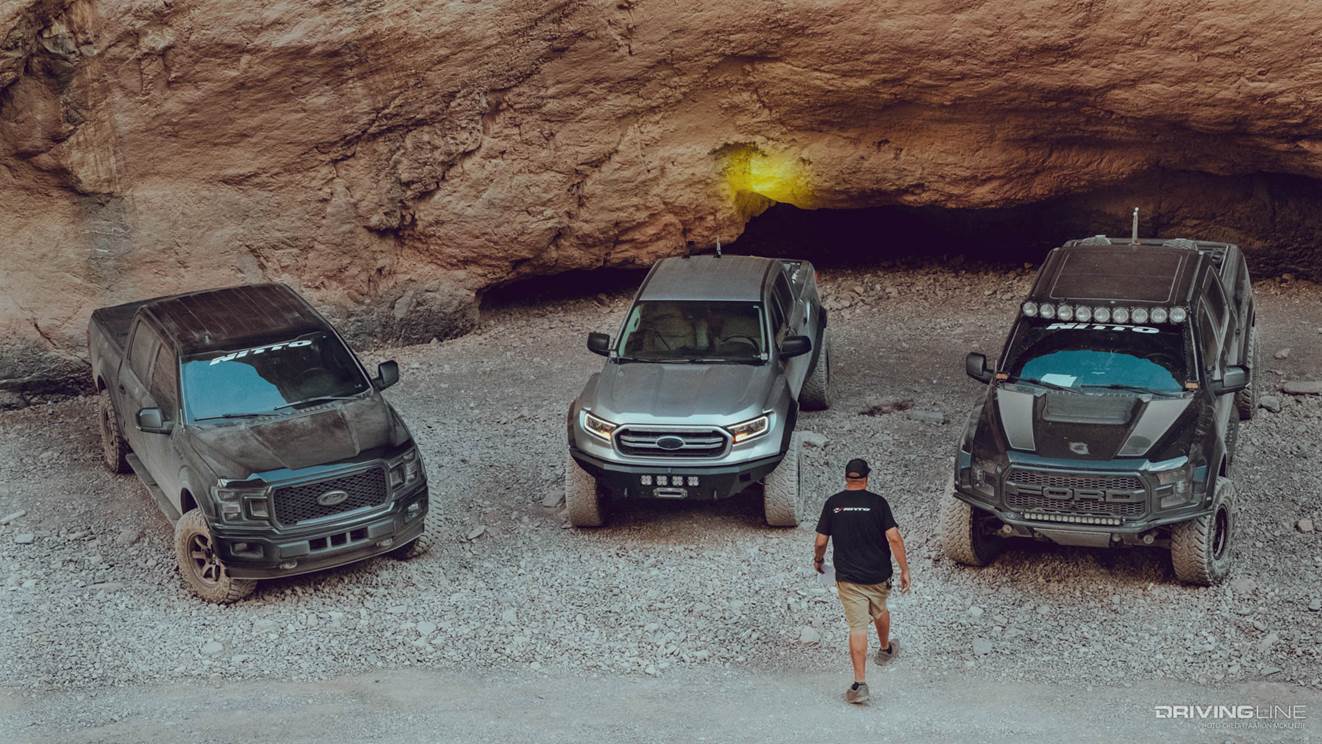 Ford F150, Ford Ranger and Ford Raptor parked in Titus Canyon on the trail