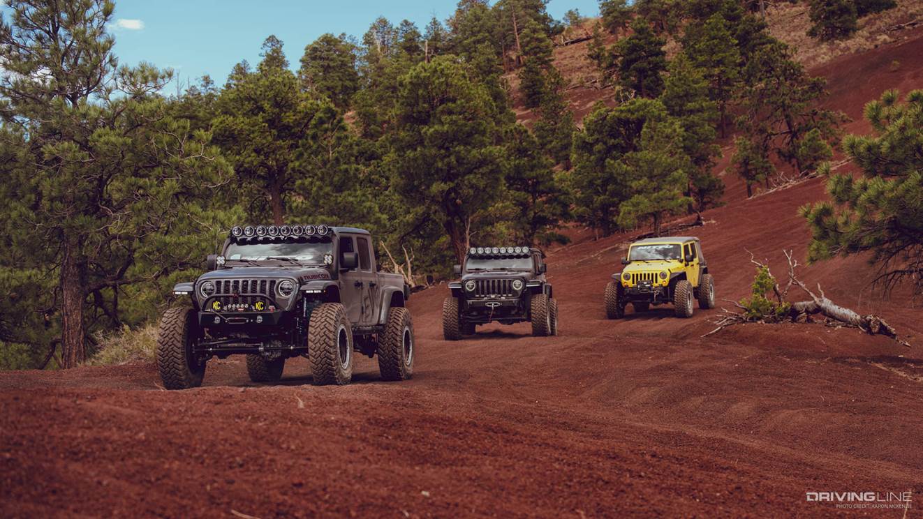 three jeeps on Nitto Trail Grappler tires running cinder valley ohv on the trail