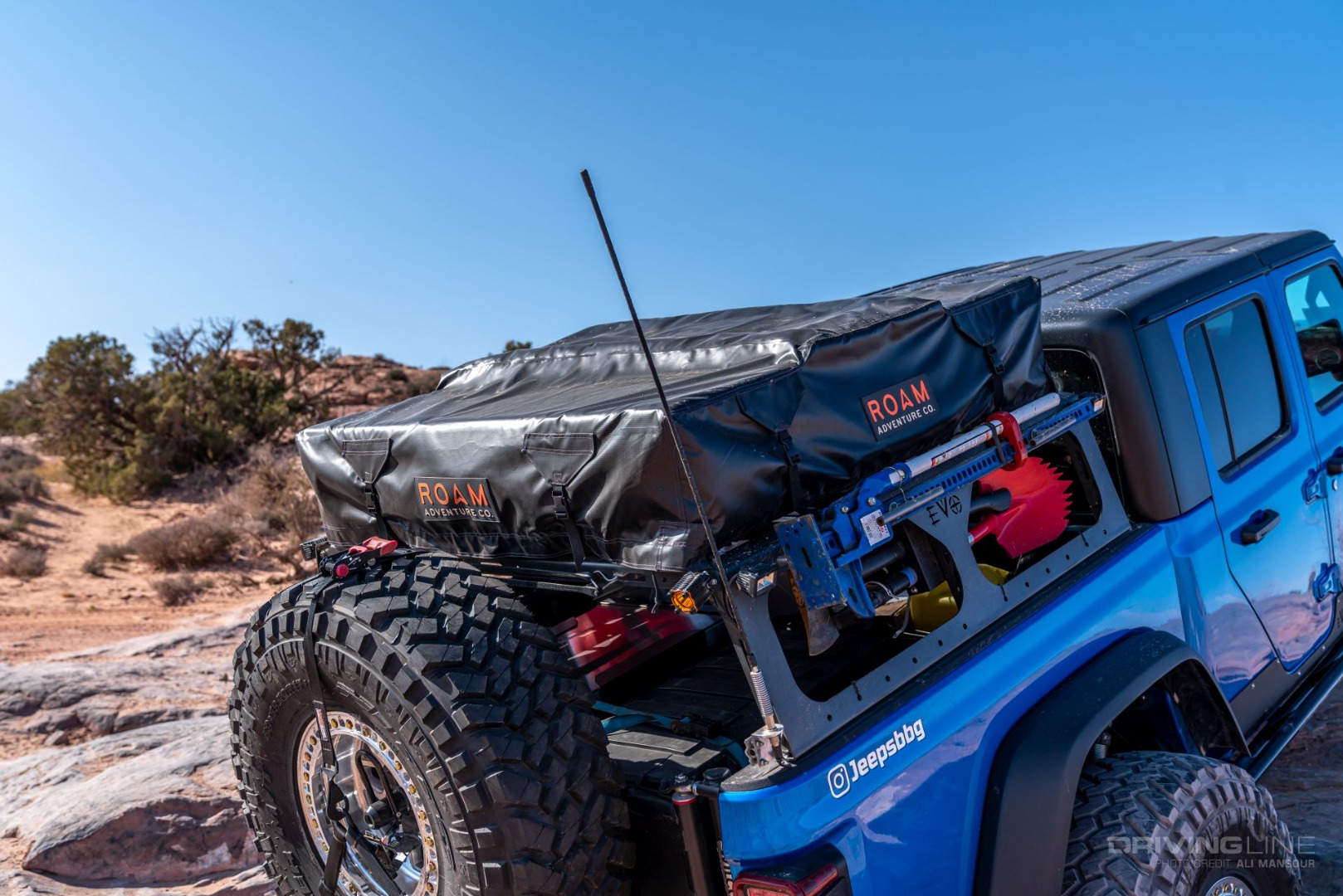 Jeep Gladiator Rubicon on 40s Overland Build roof rack gear detail