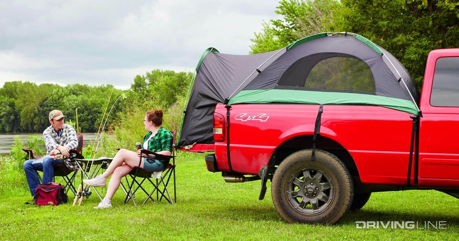 Red pickup in-bed camping tent overlanding