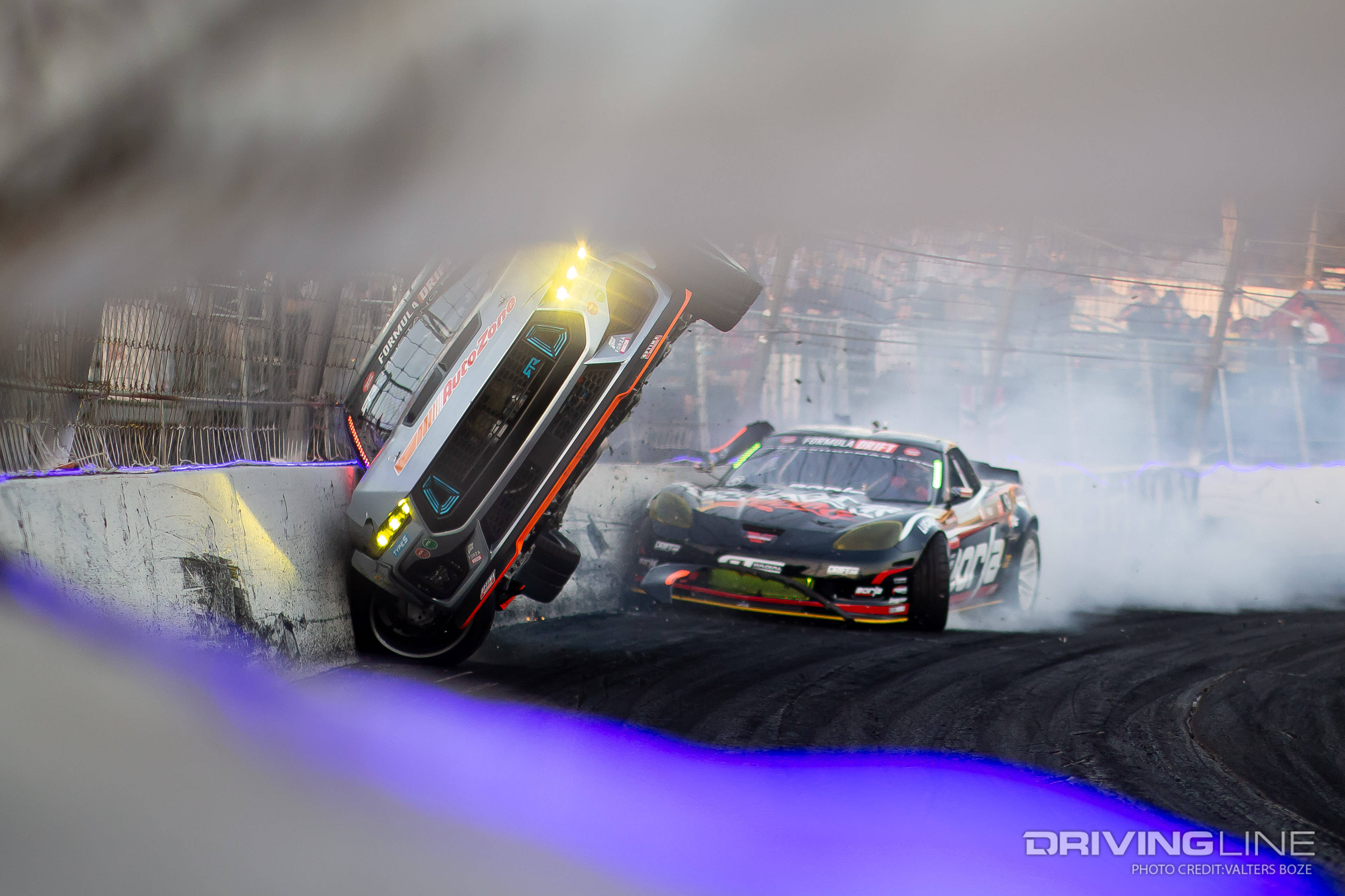 James Deane 4-wheels off pavement wall crash with Matt Field at 2023 Formula Drift Irwindale