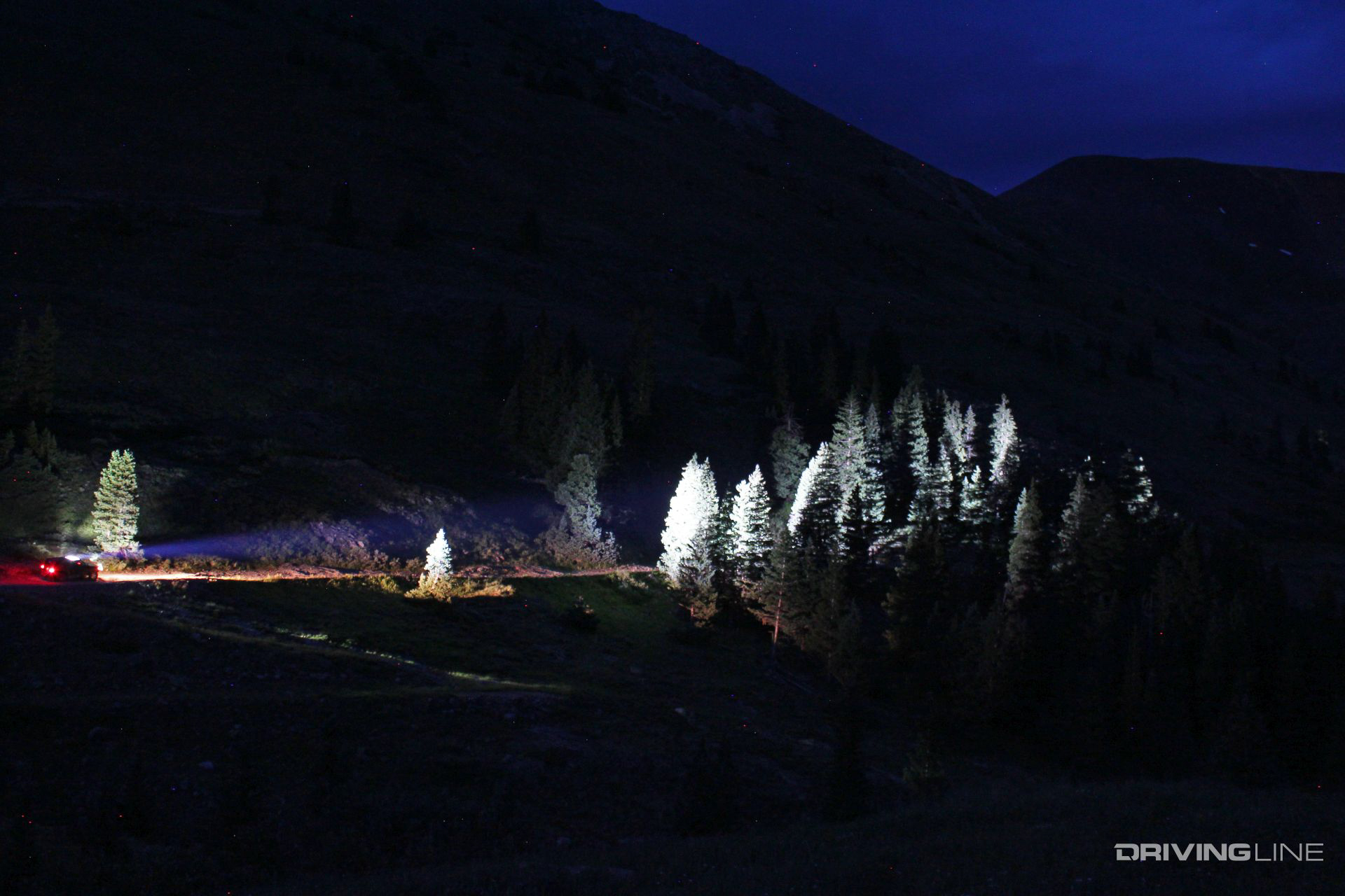 4Runner with PIAA LED light bar illuminating Colorado Animas Forks at night
