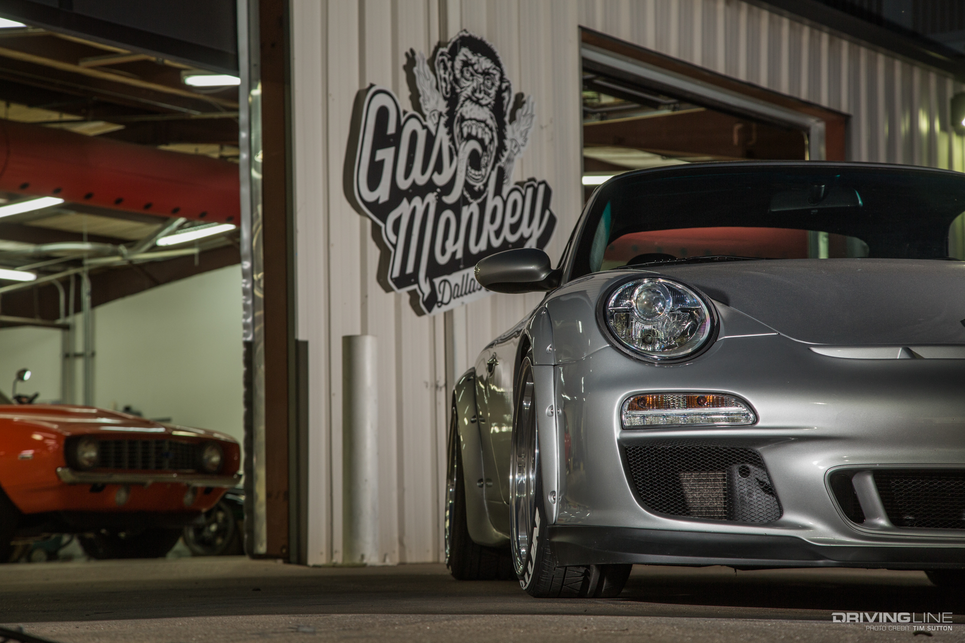 LS-Swapped Porsche 996 in front of the Gas Monkey Garage