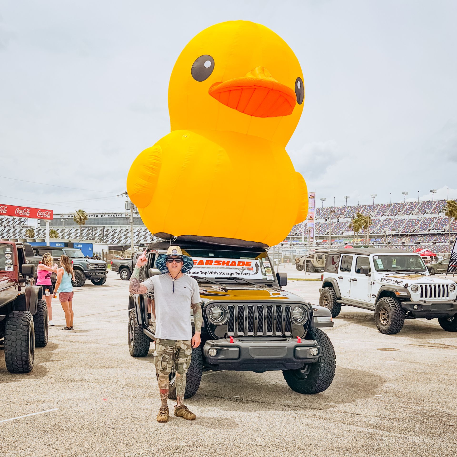 Giant inflatable duck at Daytona Speedway with Ali Mansour